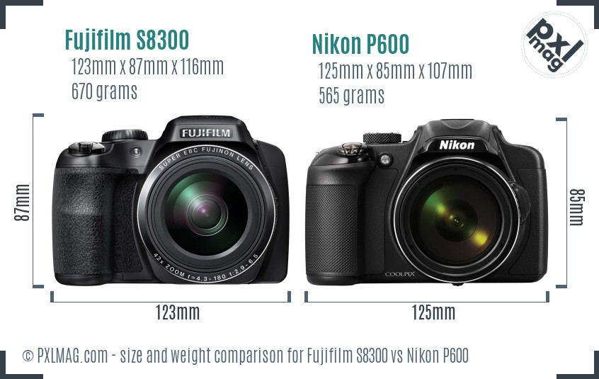 Fujifilm S8300 vs Nikon P600 size comparison Fujifilm S8300 vs Nikon P600 size comparison