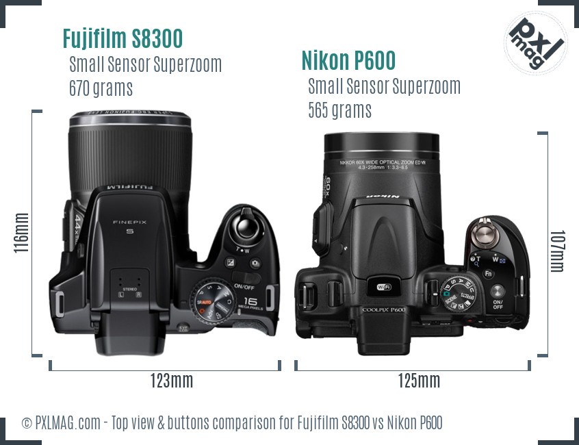 Fujifilm S8300 vs Nikon P600 top view buttons comparison