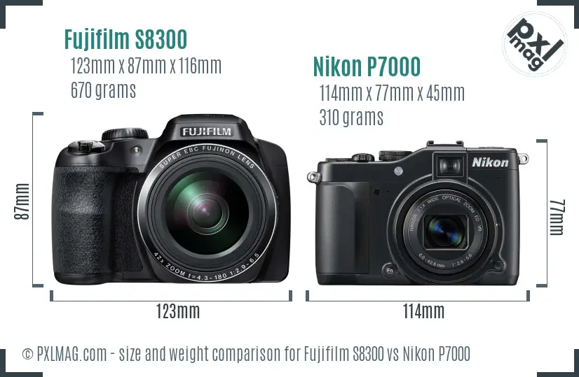 Fujifilm S8300 vs Nikon P7000 size comparison