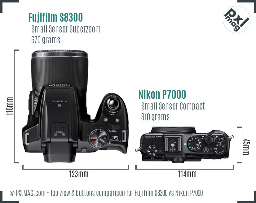 Fujifilm S8300 vs Nikon P7000 top view buttons comparison