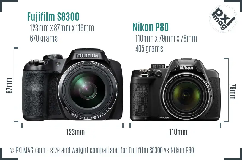 Fujifilm S8300 vs Nikon P80 size comparison