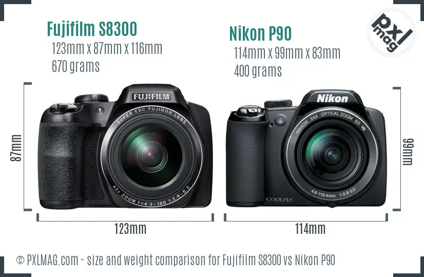 Fujifilm S8300 vs Nikon P90 size comparison Fujifilm S8300 vs Nikon P90 size comparison