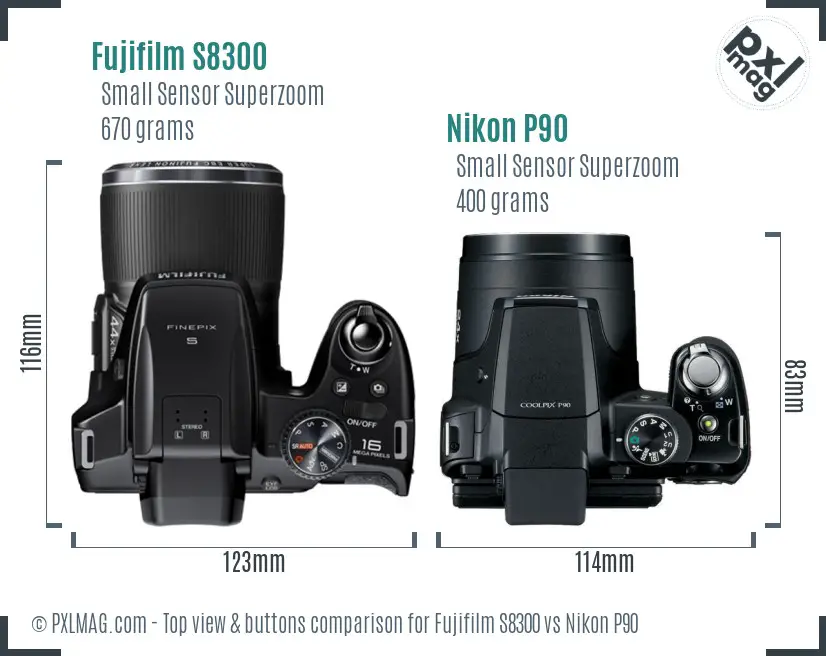 Fujifilm S8300 vs Nikon P90 top view buttons comparison Fujifilm S8300 vs Nikon P90 top view buttons comparison