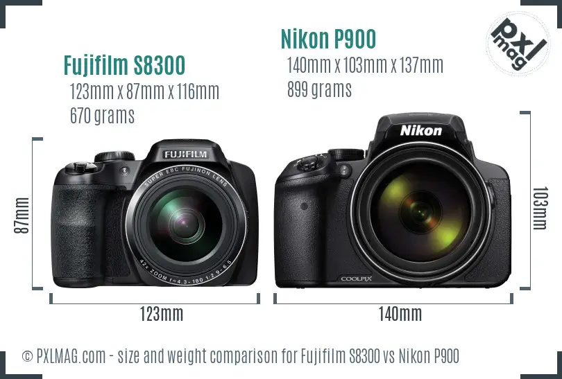 Fujifilm S8300 vs Nikon P900 size comparison Fujifilm S8300 vs Nikon P900 size comparison