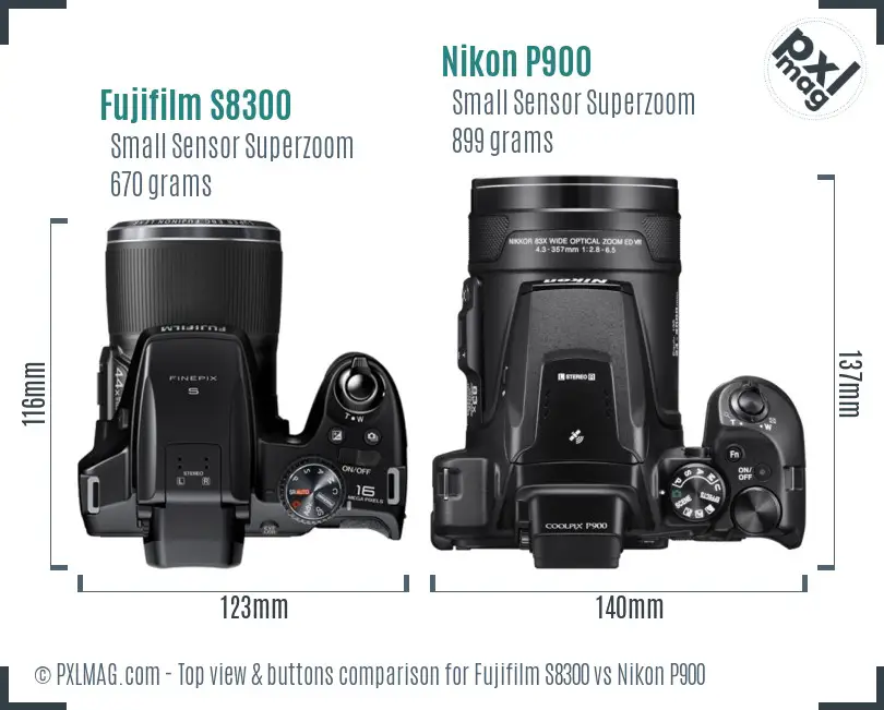 Fujifilm S8300 vs Nikon P900 top view buttons comparison Fujifilm S8300 vs Nikon P900 top view buttons comparison