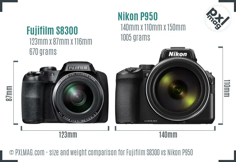 Fujifilm S8300 vs Nikon P950 size comparison