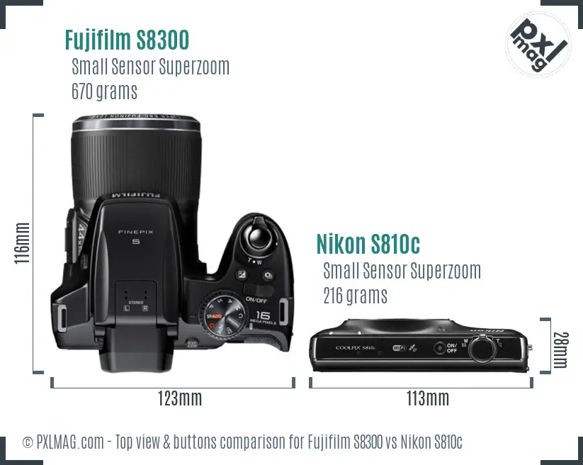Fujifilm S8300 vs Nikon S810c top view buttons comparison Fujifilm S8300 vs Nikon S810c top view buttons comparison