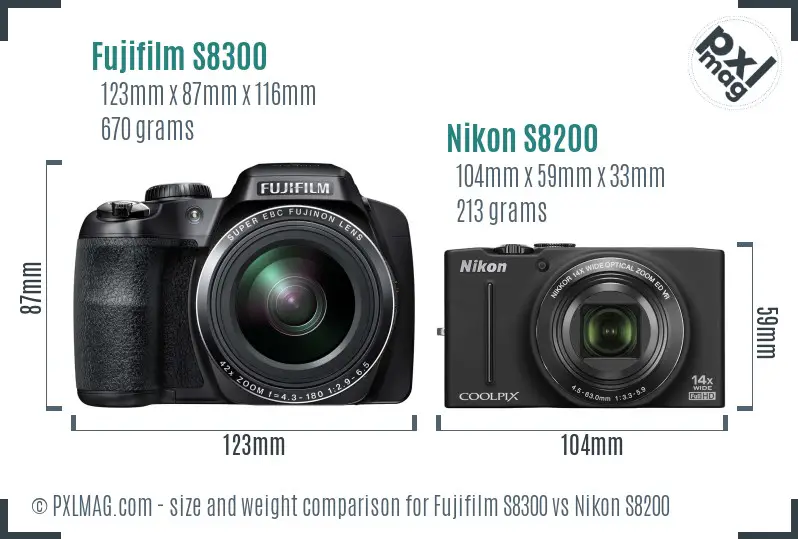 Fujifilm S8300 vs Nikon S8200 size comparison