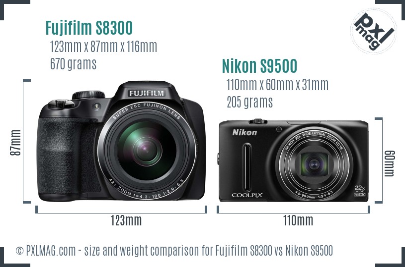 Fujifilm S8300 vs Nikon S9500 size comparison Fujifilm S8300 vs Nikon S9500 size comparison