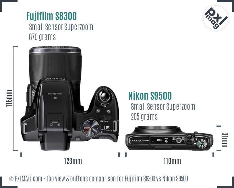 Fujifilm S8300 vs Nikon S9500 top view buttons comparison