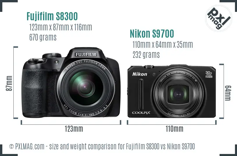 Fujifilm S8300 vs Nikon S9700 size comparison Fujifilm S8300 vs Nikon S9700 size comparison