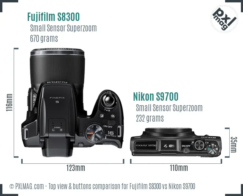 Fujifilm S8300 vs Nikon S9700 top view buttons comparison Fujifilm S8300 vs Nikon S9700 top view buttons comparison