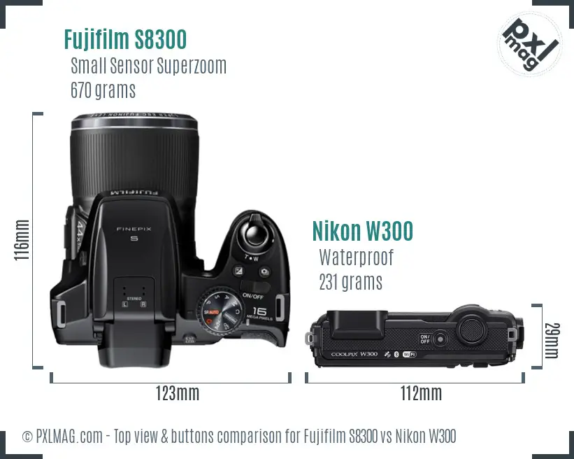 Fujifilm S8300 vs Nikon W300 top view buttons comparison
