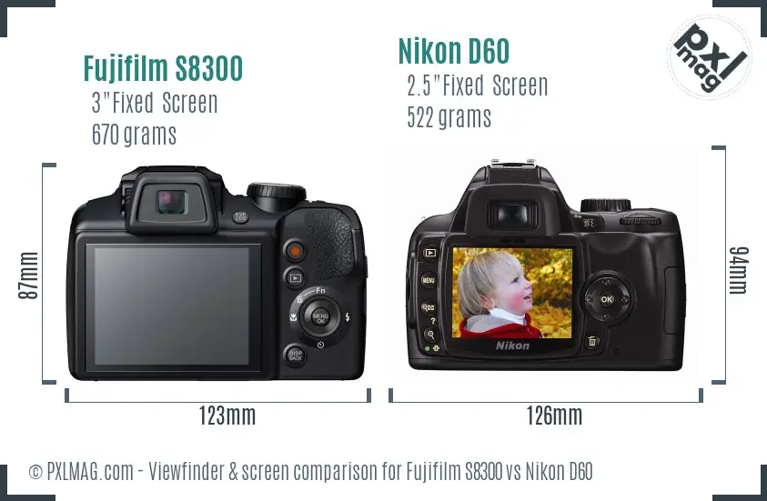 Fujifilm S8300 vs Nikon D60 Screen and Viewfinder comparison