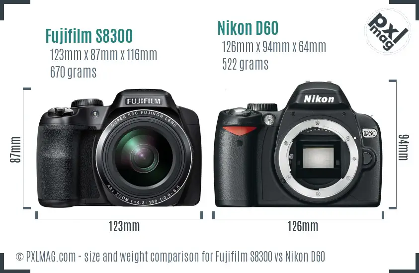 Fujifilm S8300 vs Nikon D60 size comparison