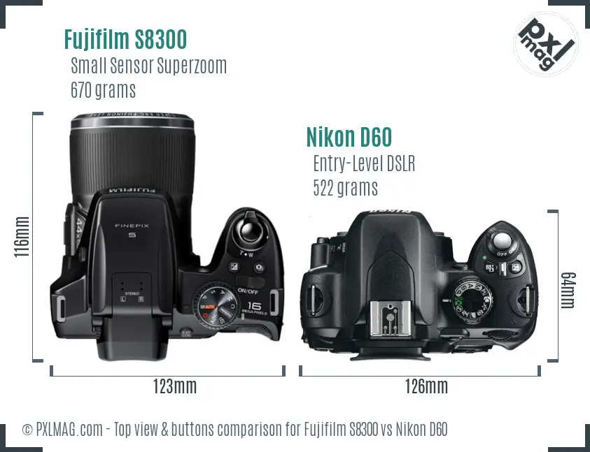 Fujifilm S8300 vs Nikon D60 top view buttons comparison
