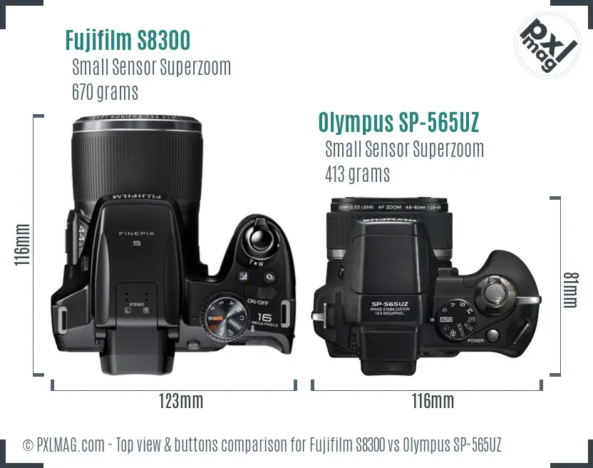 Fujifilm S8300 vs Olympus SP-565UZ top view buttons comparison
