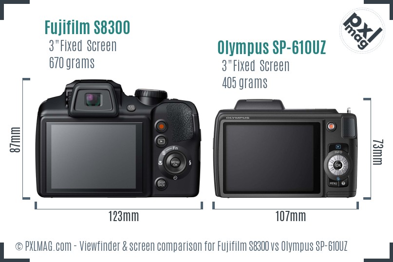 Fujifilm S8300 vs Olympus SP-610UZ Screen and Viewfinder comparison