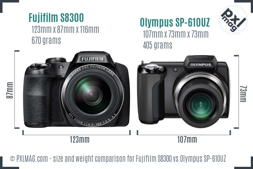 Fujifilm S8300 vs Olympus SP-610UZ size comparison Fujifilm S8300 vs Olympus SP-610UZ size comparison
