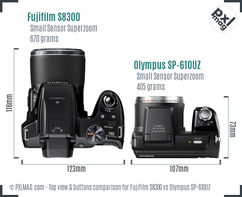 Fujifilm S8300 vs Olympus SP-610UZ top view buttons comparison