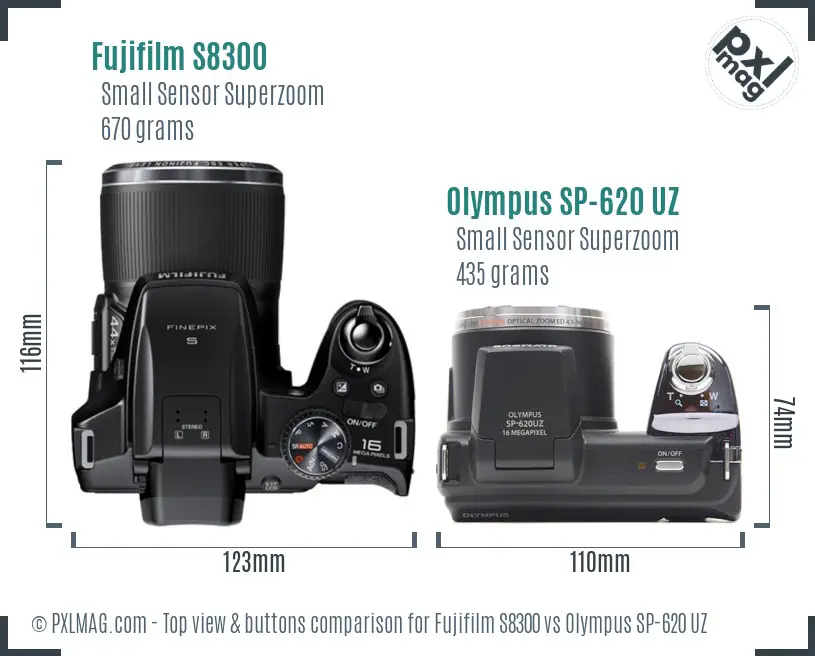 Fujifilm S8300 vs Olympus SP-620 UZ top view buttons comparison