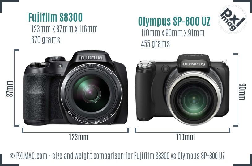 Fujifilm S8300 vs Olympus SP-800 UZ size comparison Fujifilm S8300 vs Olympus SP-800 UZ size comparison