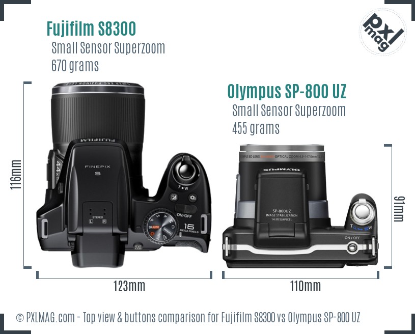 Fujifilm S8300 vs Olympus SP-800 UZ top view buttons comparison
