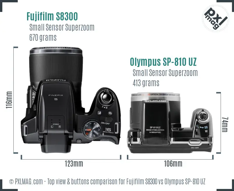 Fujifilm S8300 vs Olympus SP-810 UZ top view buttons comparison