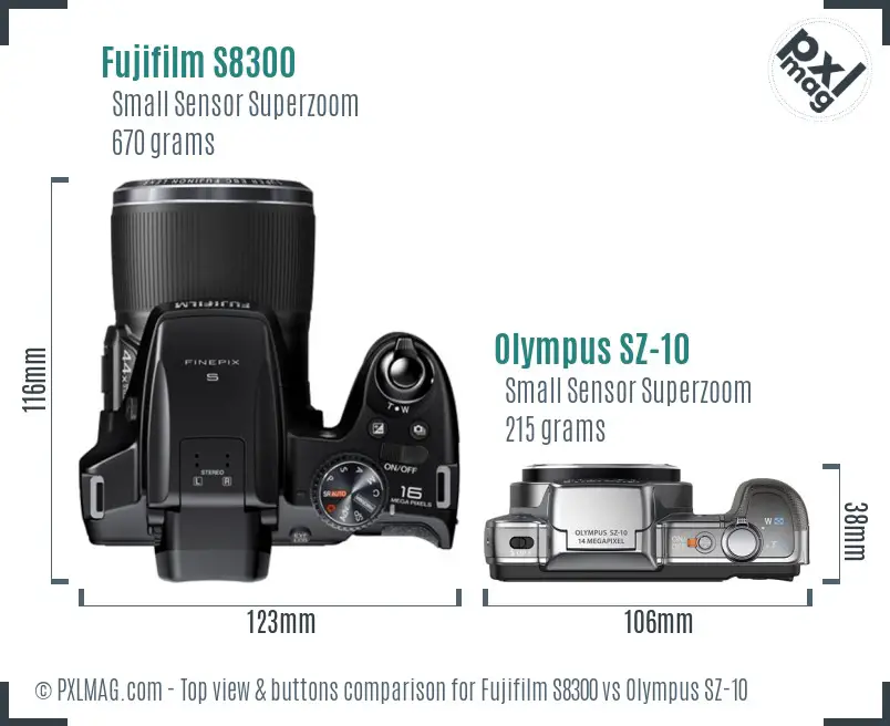 Fujifilm S8300 vs Olympus SZ-10 top view buttons comparison Fujifilm S8300 vs Olympus SZ-10 top view buttons comparison
