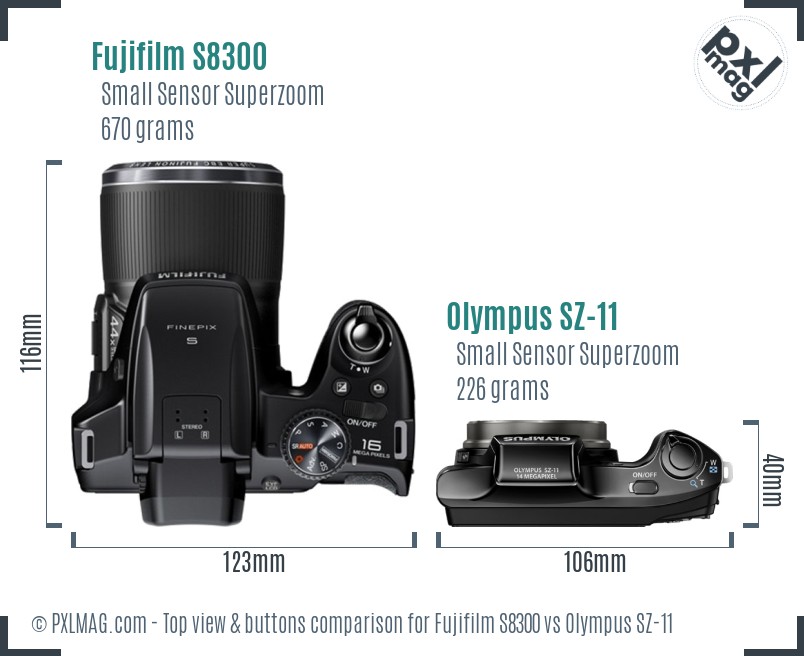 Fujifilm S8300 vs Olympus SZ-11 top view buttons comparison