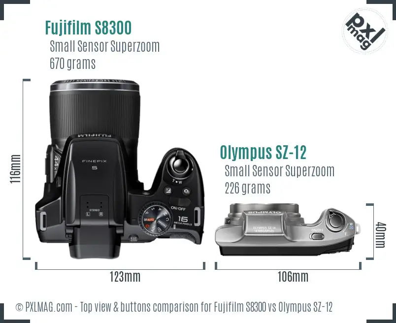 Fujifilm S8300 vs Olympus SZ-12 top view buttons comparison