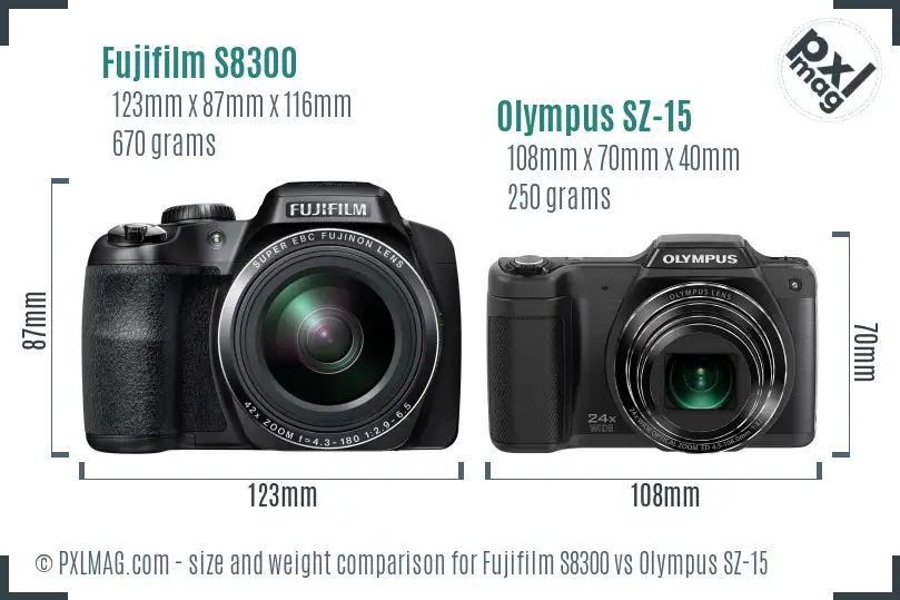 Fujifilm S8300 vs Olympus SZ-15 size comparison Fujifilm S8300 vs Olympus SZ-15 size comparison