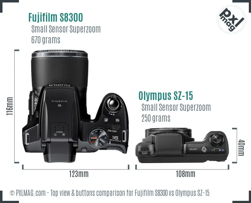 Fujifilm S8300 vs Olympus SZ-15 top view buttons comparison Fujifilm S8300 vs Olympus SZ-15 top view buttons comparison