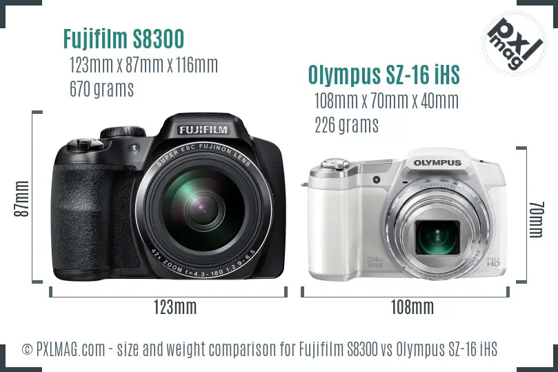 Fujifilm S8300 vs Olympus SZ-16 iHS size comparison Fujifilm S8300 vs Olympus SZ-16 iHS size comparison