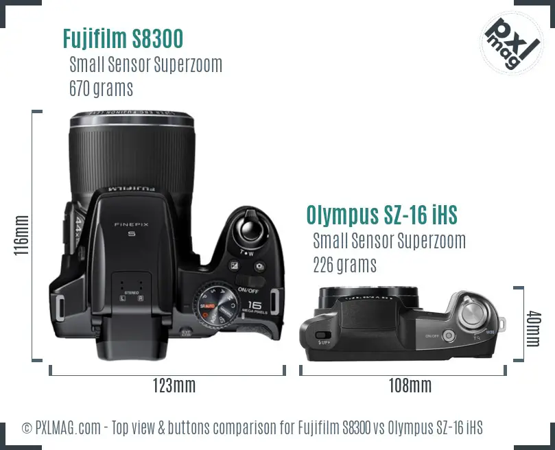 Fujifilm S8300 vs Olympus SZ-16 iHS top view buttons comparison Fujifilm S8300 vs Olympus SZ-16 iHS top view buttons comparison