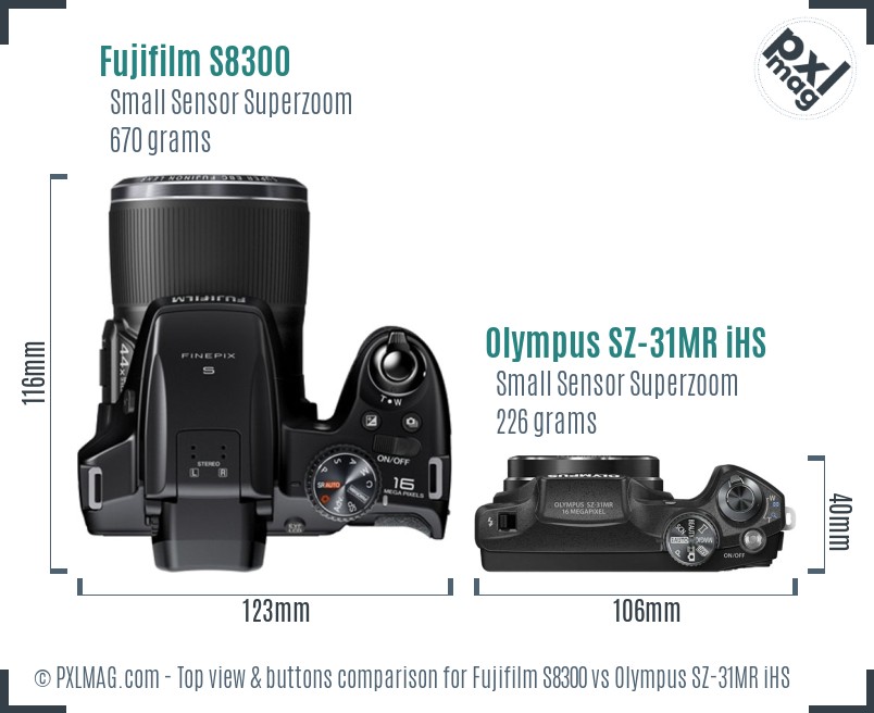 Fujifilm S8300 vs Olympus SZ-31MR iHS top view buttons comparison