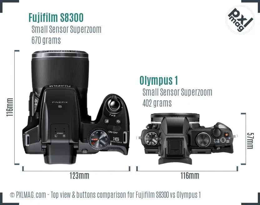 Fujifilm S8300 vs Olympus 1 top view buttons comparison Fujifilm S8300 vs Olympus 1 top view buttons comparison