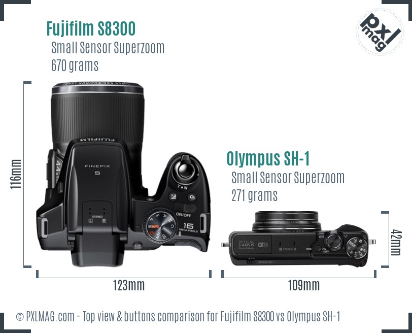 Fujifilm S8300 vs Olympus SH-1 top view buttons comparison