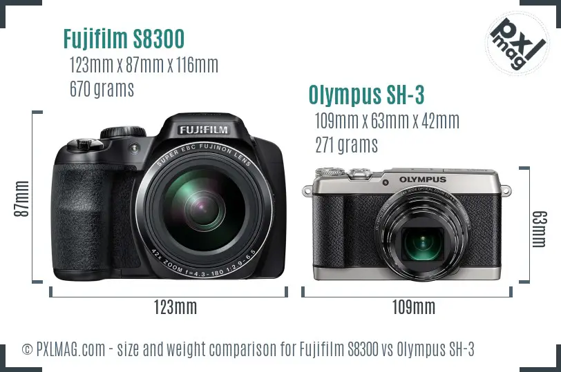 Fujifilm S8300 vs Olympus SH-3 size comparison