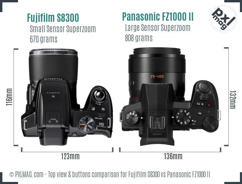 Fujifilm S8300 vs Panasonic FZ1000 II top view buttons comparison