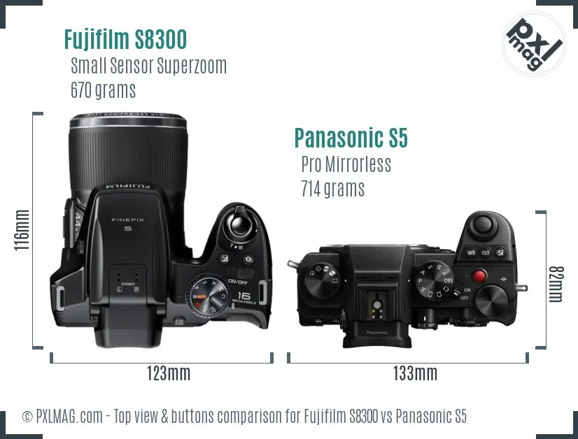 Fujifilm S8300 vs Panasonic S5 top view buttons comparison