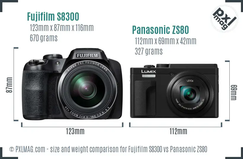 Fujifilm S8300 vs Panasonic ZS80 size comparison