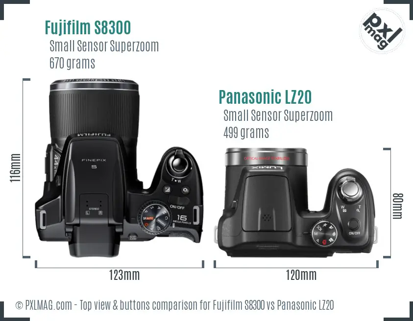 Fujifilm S8300 vs Panasonic LZ20 top view buttons comparison