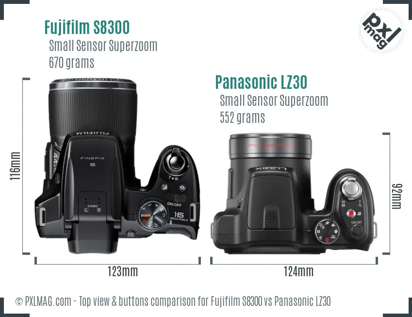 Fujifilm S8300 vs Panasonic LZ30 top view buttons comparison