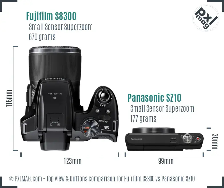 Fujifilm S8300 vs Panasonic SZ10 top view buttons comparison