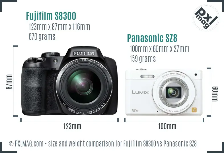 Fujifilm S8300 vs Panasonic SZ8 size comparison