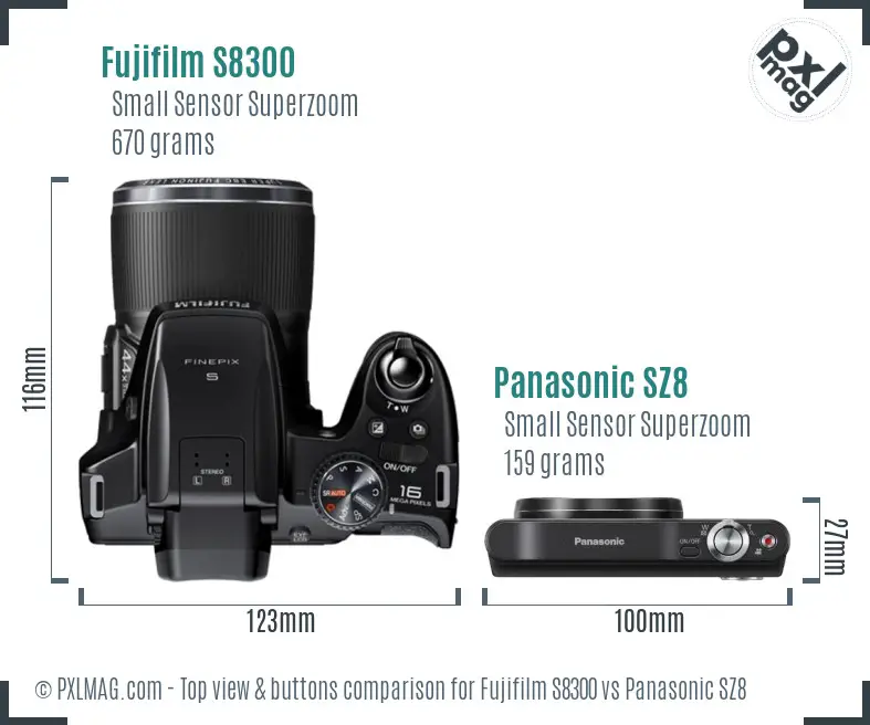 Fujifilm S8300 vs Panasonic SZ8 top view buttons comparison