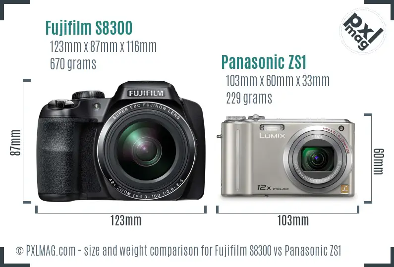 Fujifilm S8300 vs Panasonic ZS1 size comparison