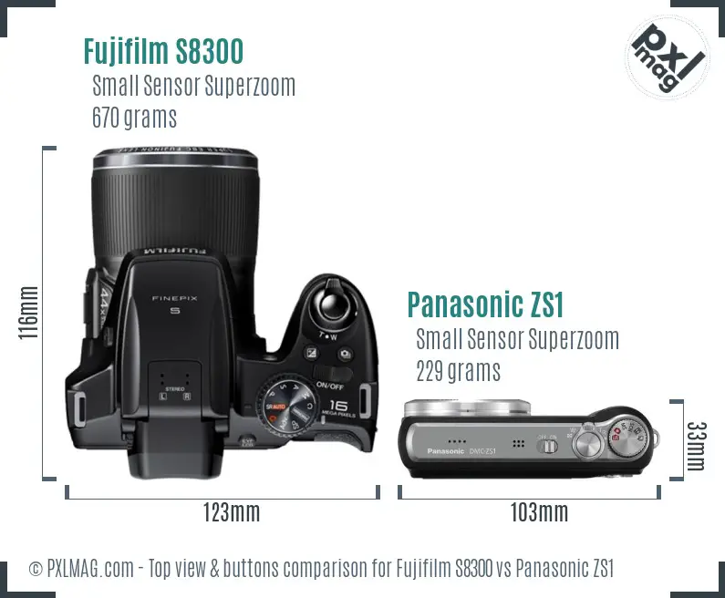 Fujifilm S8300 vs Panasonic ZS1 top view buttons comparison