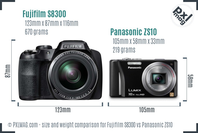 Fujifilm S8300 vs Panasonic ZS10 size comparison